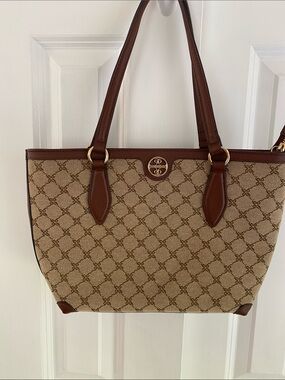 Nine West Brown Monogram-Style Tote with Tan Canvas
